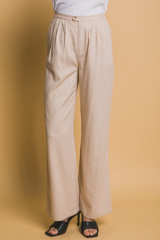 Pantalón lino botón beige