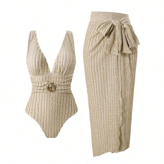 Set de Traje de Baño Enterizo Beige